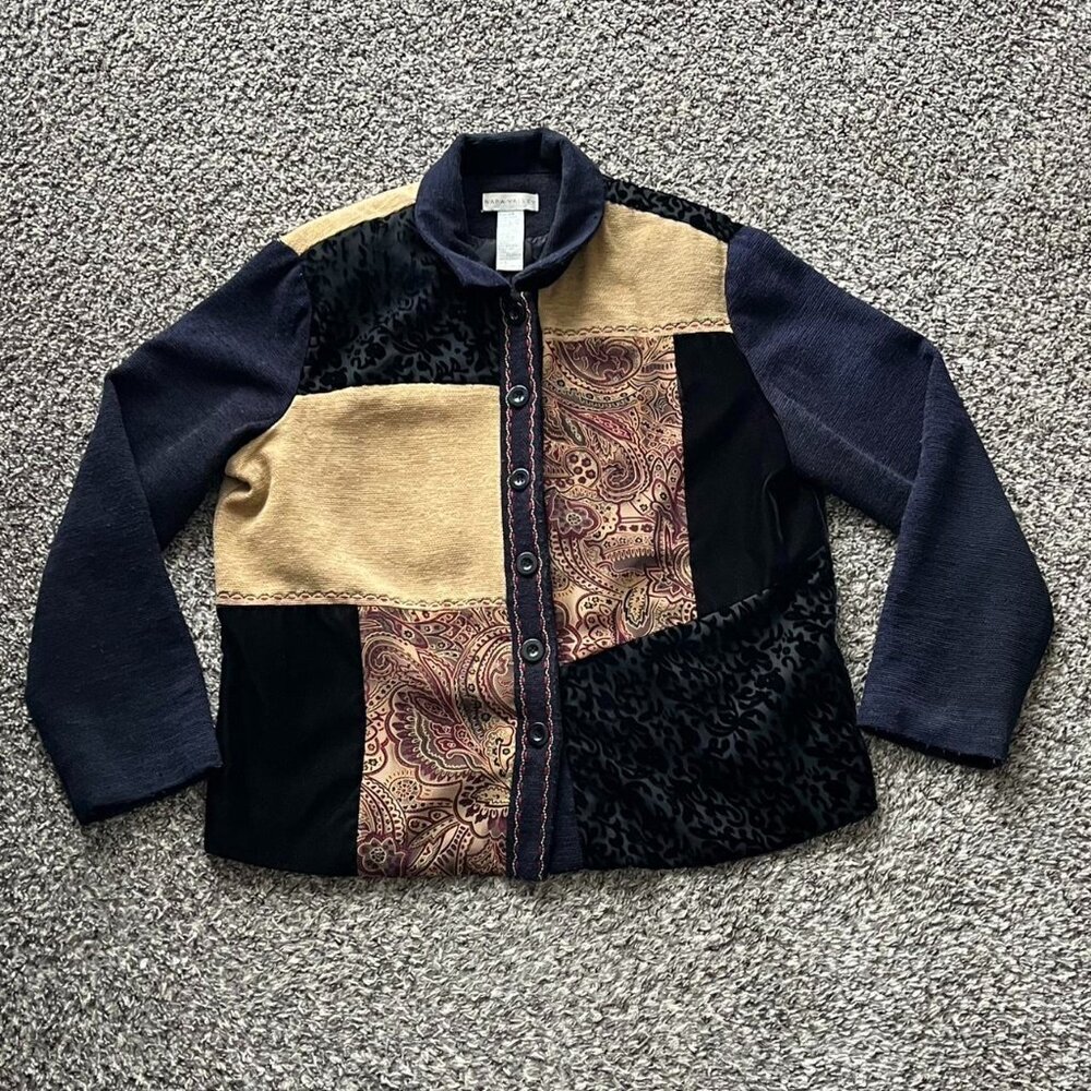 Vintage 90s Napa Valley Shacket Women L Grandma Patchwork Corduroy Velvet Paisle